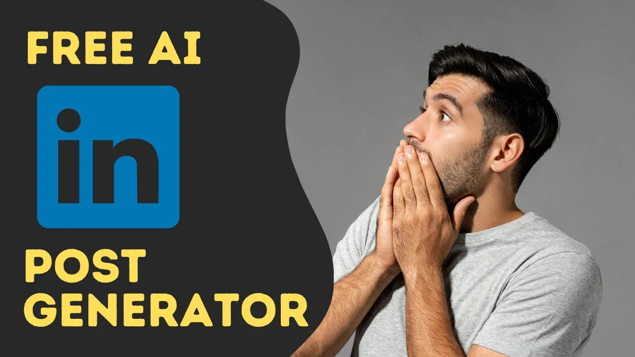 A surprised man with hands over his mouth next to the text "FREE AI POST GENERATOR" and a LinkedIn logo.